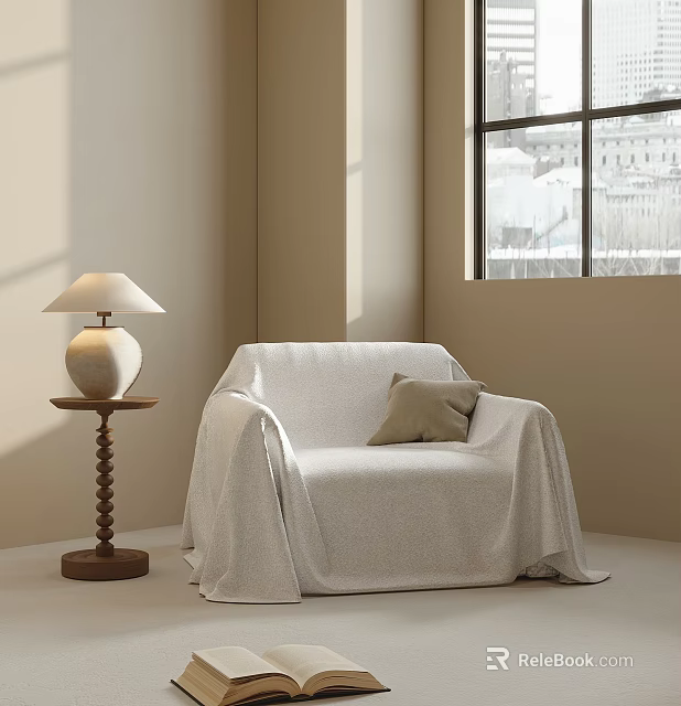 Casual Sofa Set by Window with Light Blanket Brown Cushion and Beige Walls 3d model 