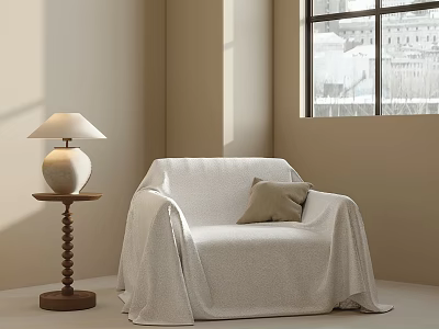Casual Sofa Set by Window with Light Blanket Brown Cushion and Beige Walls 3d model