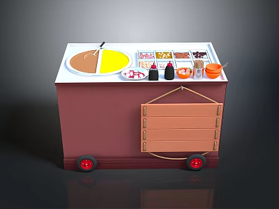 Red Mobile Food Cart With White Top Various Food Items And Red Wheels 3d model