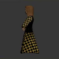 Red Haired Woman In Yellow Black Checkered Dress Standing Arms Crossed On Gray Background