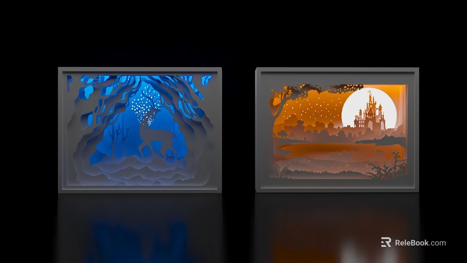 Decorative Ornament Set With 3D Paper Cut Deer Castle Moon And Stars Design 3d model 
