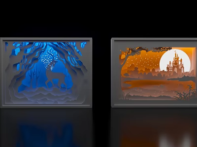 Decorative Ornament Set With 3D Paper Cut Deer Castle Moon And Stars Design 3d model