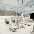 Ice Themed Mall Store Interior With Ceiling Icicles White Display Stands And Modern Shelves