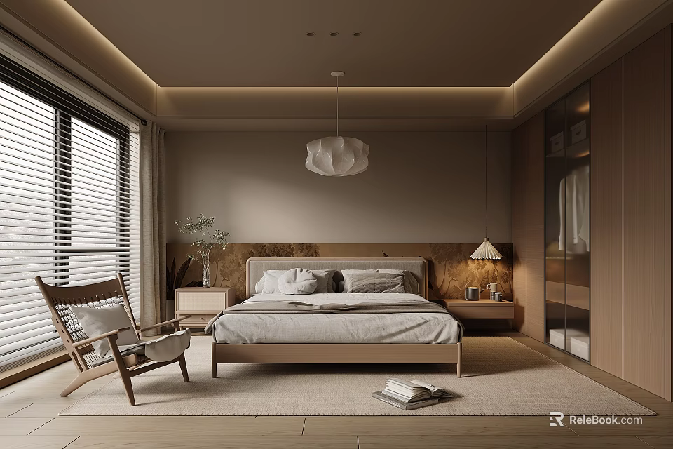 Modern Minimalist Bedroom Interior With Wooden Bed Frame Bedside Tables Rug And Pendant Light 3d model 