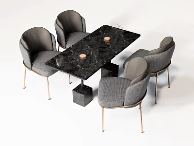 Modern Dining Table Set With Black Marble Top Gray Chairs And Gold Metal Legs 3d model