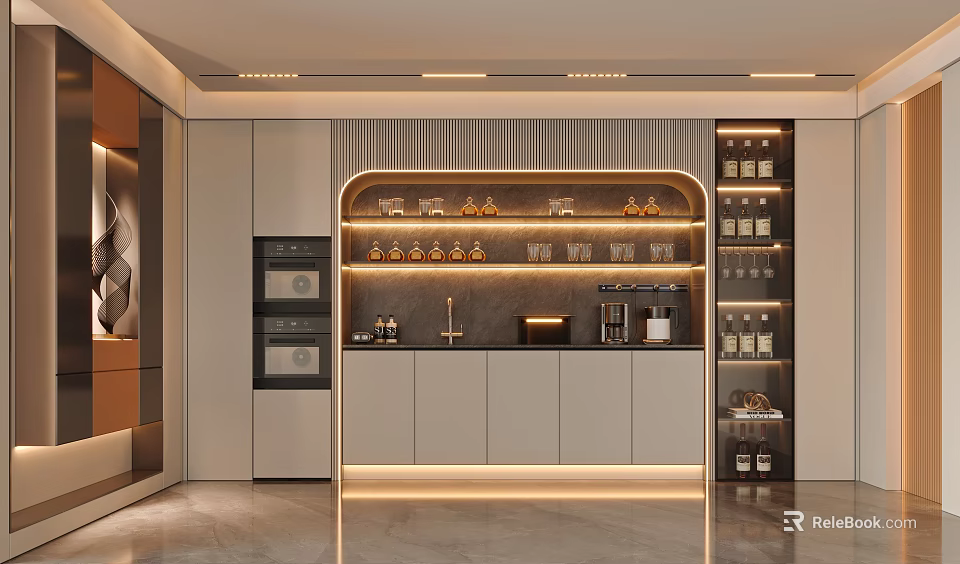 Modern Light Luxury Restaurant With Custom Integrated Wine Bar Cabinet And Warm Ambient LED Lighting 3d model 