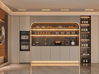 Modern Light Luxury Restaurant With Custom Integrated Wine Bar Cabinet And Warm Ambient LED Lighting 3d model