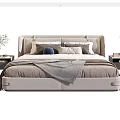 Stylish Double Bed With Upholstered Headboard Decorative Pillows And Plaid Blanket