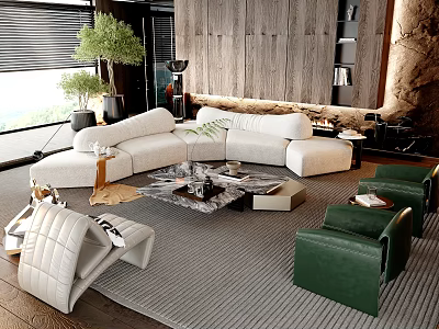 Modern Living Room Sofa And Coffee Table Set With Marble Top Green Armchairs Wooden Wall 3d model
