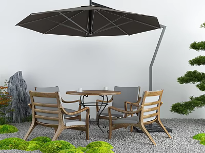 Outdoor Table with Wooden Chairs and Cantilever Umbrella in Garden with Green Plants and Rock 3d model