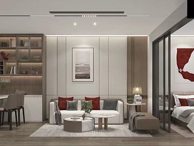 Modern Apartment Interior Open Living Room With Sofa Coffee Tables Bookshelf Dining Area And Bedroom 3d model