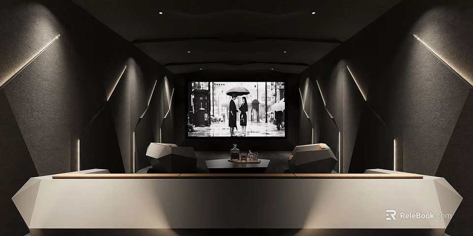 Modern Home Theater Interior With Large Projection Screen Comfortable Seating Coffee Table And Ambient Lighting 3d model 