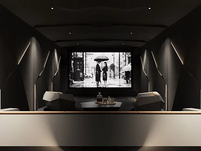 Modern Home Theater Interior With Large Projection Screen Comfortable Seating Coffee Table And Ambient Lighting 3d model