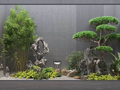 Garden Ornaments Featuring Bamboo Plants Ornamental Rocks Pine Tree And Small Greenery 3d model
