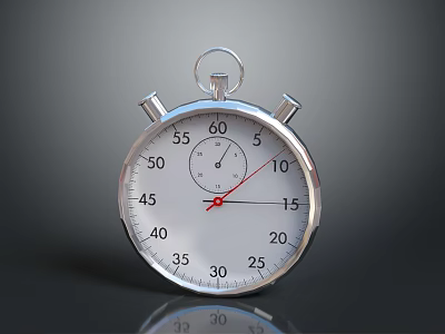 Silver Stopwatch With White Dial Black Markings And Red Hands On Gray Background 3d model
