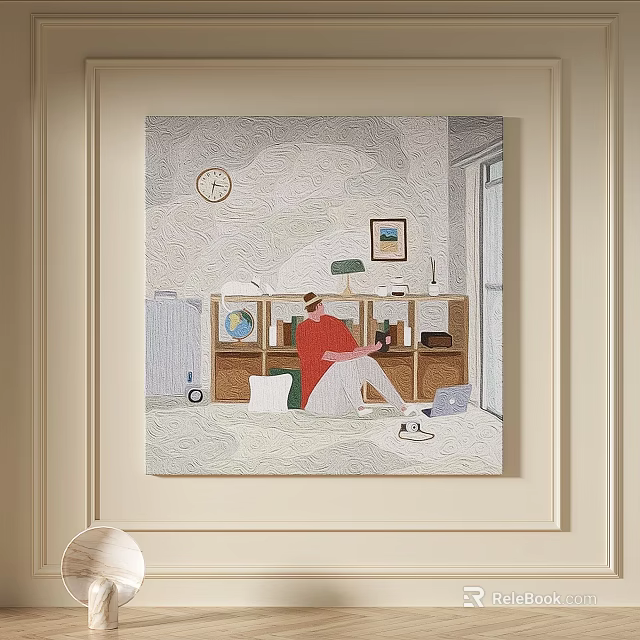 Abstract Painting of Cozy Room Scene With Person in Red Globe Lamp and Wall Clock 3d model 