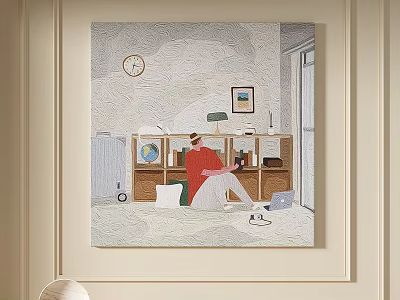 Abstract Painting of Cozy Room Scene With Person in Red Globe Lamp and Wall Clock 3d model