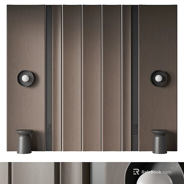 Modern Dark Wood Bedroom Accent Wall With Vertical Panels Sconces And Decor 3d model 
