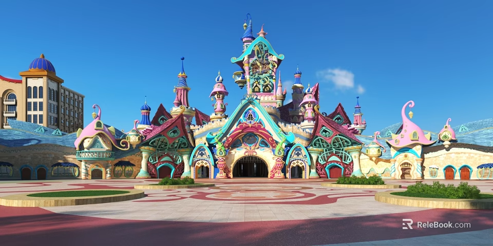 Vibrant Theme Park Entrance Gate With Ornate Arched Design Colorful Spires And Plaza Greenery 3d model 