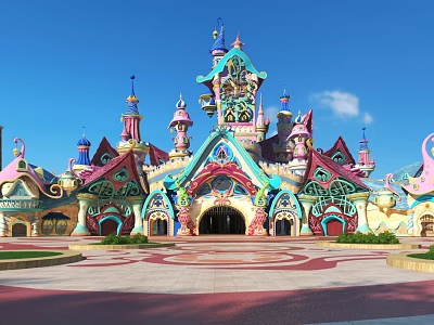Vibrant Theme Park Entrance Gate With Ornate Arched Design Colorful Spires And Plaza Greenery 3d model