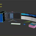 Modern Desktop Computer Setup With Dual Monitors Golden Stand Blue Tower Keyboard Mouse Book
