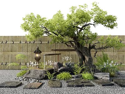 Japanese Garden Scene With Old Tree Bamboo Fence Stone Lantern And Rocks 3d model