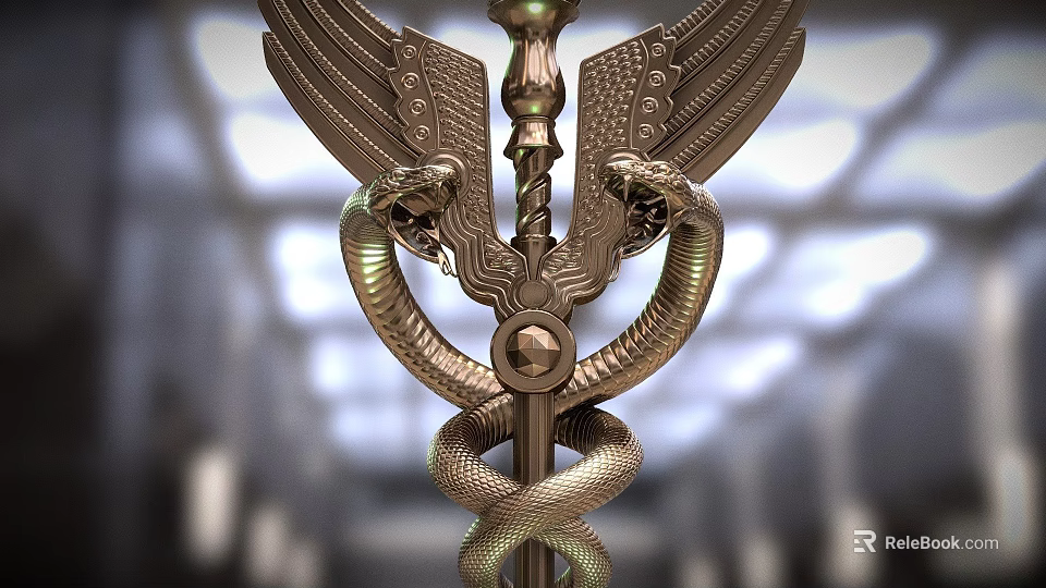 Ornate Weapon Design With Engraved Wings And Coiled Snakes On Metallic Staff 3d model 
