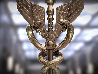 Ornate Weapon Design With Engraved Wings And Coiled Snakes On Metallic Staff 3d model