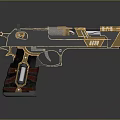 Futuristic Sci-Fi Pistol With Metallic Finish Gold Blue Accents And Glowing Elements