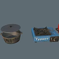 Industrial Gas Equipment Featuring Blue Stove Red Cylinder And Metal Container
