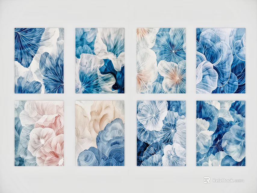 Abstract Paintings With Blue White Pink Tones Floral Patterns Nine Panel Three Rows Three Columns 3d model
