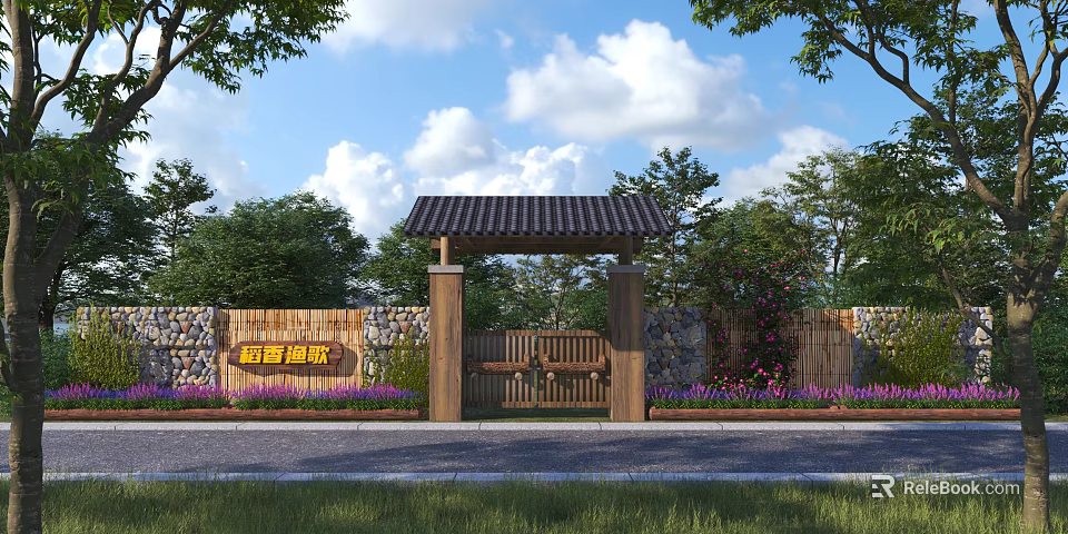 Traditional Wooden Entrance Gate with Tile Roof Stone Pillars and Green Trees Flower Beds 3d model 