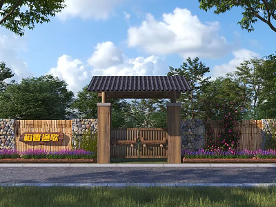 Traditional Wooden Entrance Gate with Tile Roof Stone Pillars and Green Trees Flower Beds 3d model