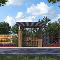 Traditional Wooden Entrance Gate with Tile Roof Stone Pillars and Green Trees Flower Beds