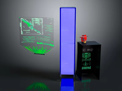 Advanced Computer Display System With Transparent Projection Screen Green Data Charts And Blue Vertical Structure 3d model