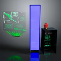 Advanced Computer Display System With Transparent Projection Screen Green Data Charts And Blue Vertical Structure