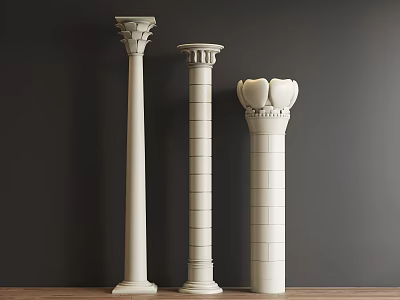 Elegant White Decorative Columns With Various Designs Against Dark Wall And Wooden Floor 3d model