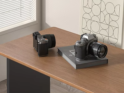 Digital Cameras Placed On Wooden Table With Window And Decorative Art 3d model Digital Cameras Placed On Wooden Table With Window And Decorative Art 3d model
