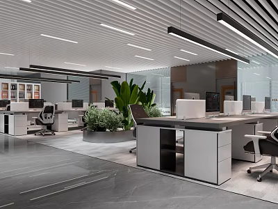 Modern Public Office Space With Open Workstations Computers Green Plants And Hanging Lights 3d model