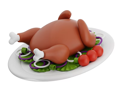 Delicious Roast Chicken Served On White Plate With Fresh Lettuce Onion Rings And Cherry Tomatoes 3d model