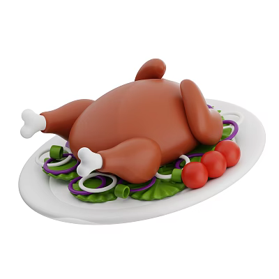 Delicious Roast Chicken Served On White Plate With Fresh Lettuce Onion Rings And Cherry Tomatoes 3d model