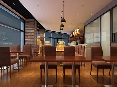 Bright Modern Dessert Shop Interior With Wooden Tables Chairs And Display Cases 3d model