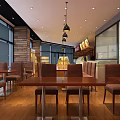 Bright Modern Dessert Shop Interior With Wooden Tables Chairs And Display Cases