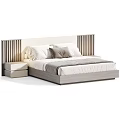 Modern Double Bed With Wooden Slat Headboard Nightstand White Sheets And Gray Pillows
