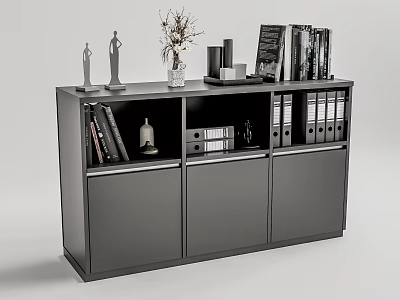 Modern Bookcase Interior Design With Open Shelves Sculptures Vase Dried Flowers Books And Binders 3d model