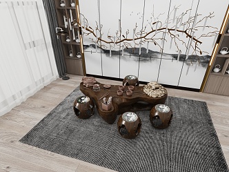 New Chinese Style Root Carving Tea Sea Root Carving Tea Table Tea Table and Chair Tea Set Wood Pier Log Tea Table Stool Tea Table Branch Shape Chandelier 3d model