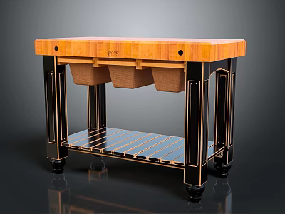 Wooden Kitchen Workbench with Black Frame Three Baskets and Striped Lower Shelf on Wheels 3d model