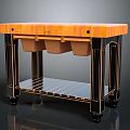 Wooden Kitchen Workbench with Black Frame Three Baskets and Striped Lower Shelf on Wheels