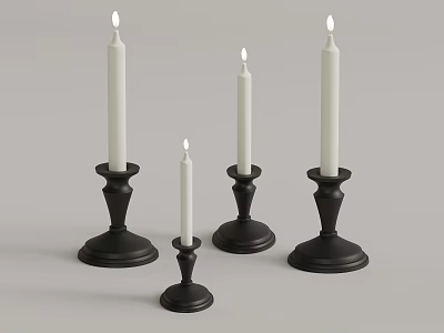 Lit White Decorative Candles On Black Candle Holders With Sturdy Bases For Home Decor 3d model
