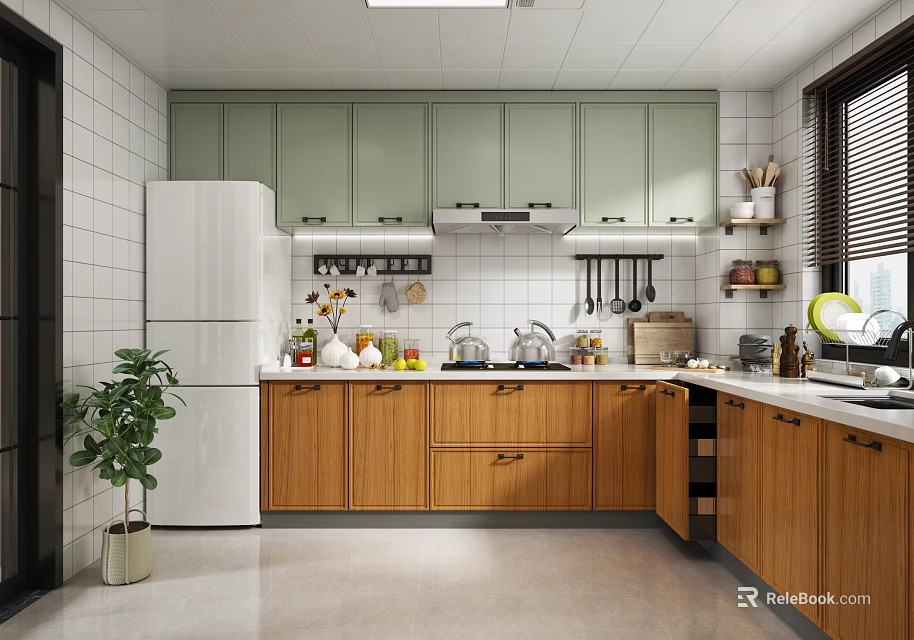 Modern Kitchen Interior With Green Upper Cabinets Wooden Lower Cabinets White Refrigerator And Window Blinds 3d model 